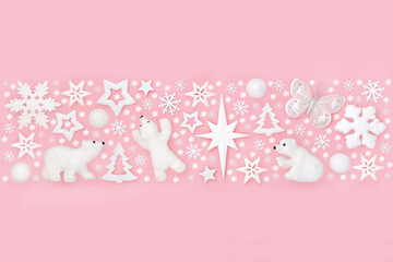 Christmas North Pole polar bear snowflake star bulb snow pink decoration background banner. Fantasy concept design for Xmas, Yule, Noel. Greeting card, gift tag, label.