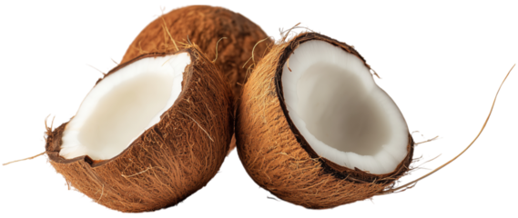 Two halves of a fresh coconut, isolated on transparent background.  The white flesh and brown husk are clearly visible.  A perfect image for tropical themes or healthy food.
