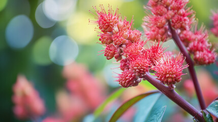Aesculus parviflora bottlebrush buckeye flowers in full bloom with vibrant red blossoms and bokeh