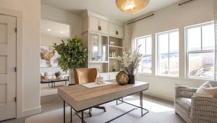 Light-filled home office with a spacious desk, neutral colors, and lots of natural light.