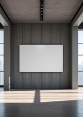 New gallery with city view and empty banner on concrete wall Empty room interior design architecture blank design room striking structures clean lines geometric shapes dramatic angles play of