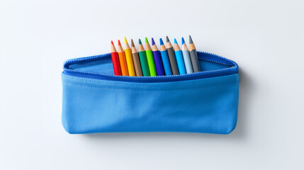 Blue pencil case containing colorful art supplies for organized back to school preparation