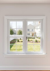Fototapeta premium View from the kitchen window through white double-hung vinyl windows to a manicured yard in an upscale neighborhood the windows are the focal point but the kitchen around them is clean modern and