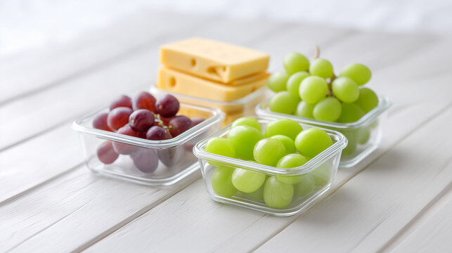 Fresh grapes and cheese portions arranged in glass containers for healthy meal preparation
