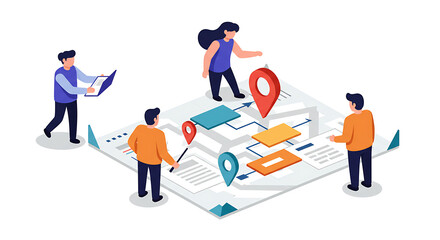 Team of people working on a digital project plan illustration