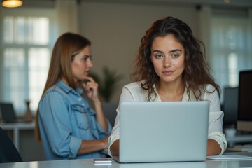Unauthorized Use of Company Laptop Caught on Camera: Portrait of a Young Caucasian Female Employee