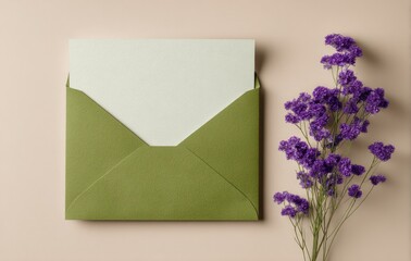 A muted green envelope containing a blank card rests on a pale pink background, accompanied by a sprig of purple statice