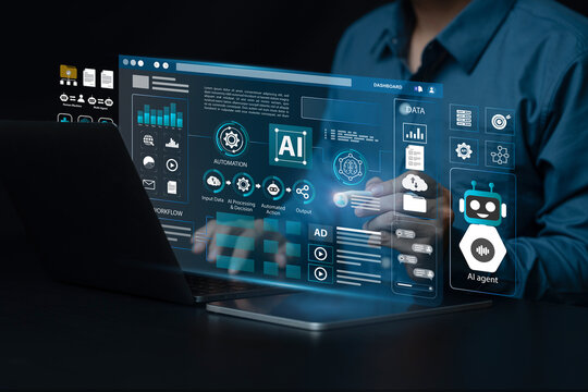 AI agent, AI workflow automation and generative artificial intelligence concept. Businessman using AI agents on screen with chatbots, assistants and data analytics tools. LLM. ML. Agentic workflows. - Powered by Adobe