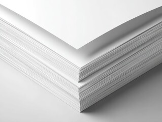 A neatly stacked, high-angle close-up of a thick pile of blank, bright white paper sheets, showing subtle shadows and textures