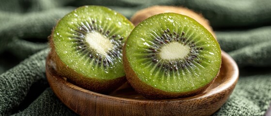 The Freshly Sliced Kiwi Showcasing Vibrant Green Flesh in a Wooden Bowl.