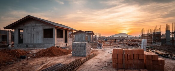 The construction site showcasing residential houses against a vibrant sunset backdrop.