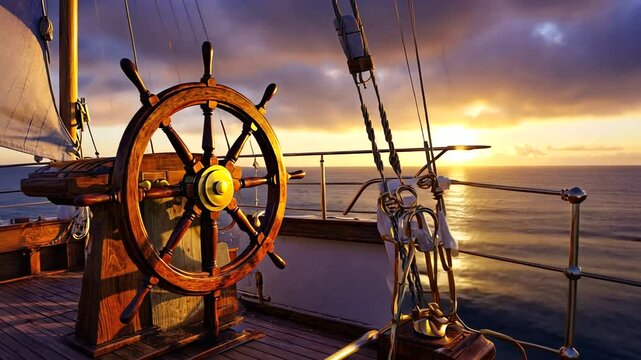 A serene sunset view from the deck of a classic sailing ship, showcasing the helm and ocean