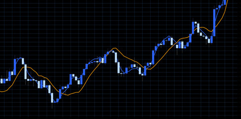 overlay stock market trading graph. Stock market candlestick chart showing bullish uptrend and growth, this financial background has simple moving average technical indicator
