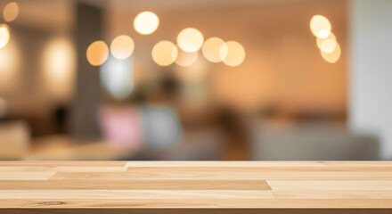 Classic Cafe theme. Empty wooden table top for product display with blurred background of restaurant interior and warm golden bokeh lights for montage