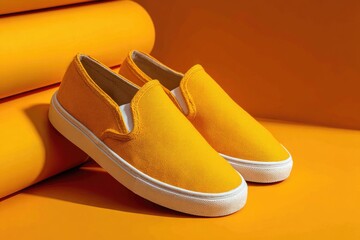 A pair of vibrant yellow slip-on canvas shoes with white soles rests against a stack of similarly colored cylindrical objects on a matching background