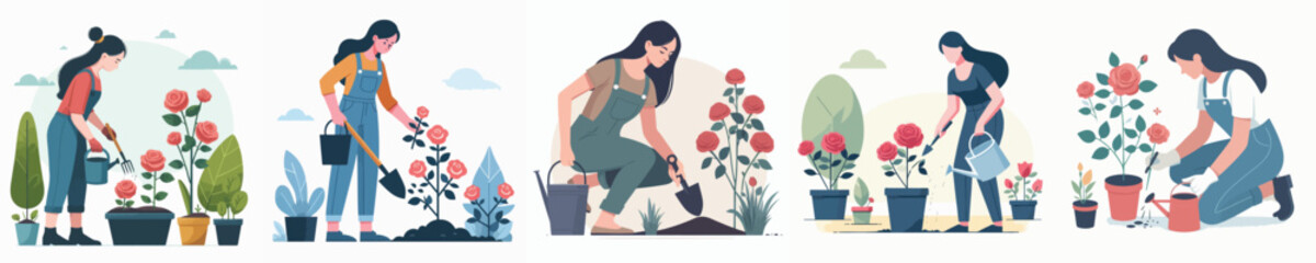 vector woman planting roses