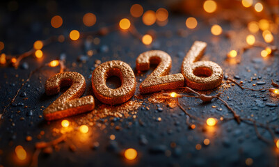 Magical new year 2026 background with golden glitter numbers, this beautiful festive holiday concept has amazing sparkling fairy lights
