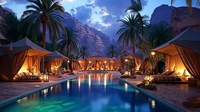 Desert resort pool evening scene