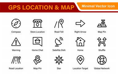 GPS Location Icons. Navigation Pointer, Route Map, Pin Drop, Compass Line Symbols. Travel and Direction Icon Set.
