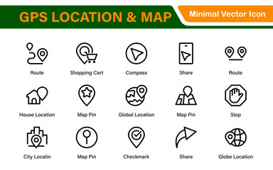 GPS Location Icons. Navigation Pointer, Route Map, Pin Drop, Compass Line Symbols. Travel and Direction Icon Set.