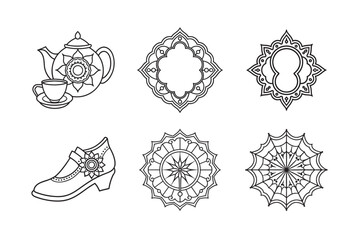 line art of floral,vectorian,mehdi,patern type,nature ,religion,architectural set bundle on the white background