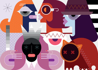 Three women, a queen with a crown on her head and a funny cat. Modern art vector illustration.