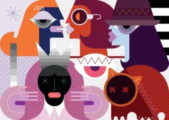 Fotobehang Abstracte Kunst Three women, a queen with a crown on her head and a funny cat. Modern art vector illustration.  ©  danjazzia