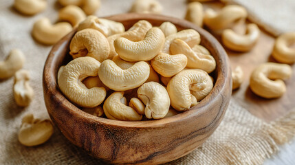 Wooden Bowl Overflowing with Cashews on Rustic Burlap Background