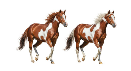 Fototapeta premium Two brown and white horses running isolated on a transparent background equine animal