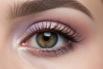 A close-up of a woman's eye with detailed pink and gold eyeshadow, long black eyelashes, and a vibrant green and amber iris.