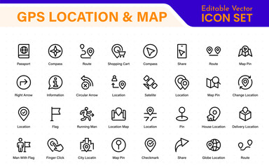 GPS Location Icons. Navigation Pointer, Route Map, Pin Drop, Compass Line Symbols. Travel and Direction Icon Set.