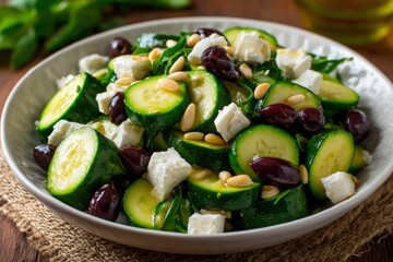 Salad Zucchini feta olives pine nuts in white bowl on wood rustic cloth