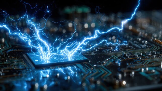 A close up of a computer chip with blue lightning emanating from it on a dark circuit board background