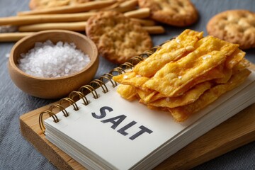 Salt Crisps sit on a notebook labeled SALT near a bowl of salt and breadsticks on a gray surface
