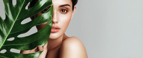 The beauty of a woman partially hidden behind a lush green leaf.