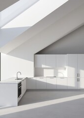 Minimalist kitchen with white cabinets and marble countertops Empty room interior design architecture blank design room striking structures clean lines geometric shapes dramatic angles play o