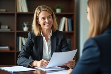 Authentic Full-Body Image of a Mature Female Caucasian Attorney in a Professional Office Environment, Discussing a Medical Malpractice Lawsuit with a Client Using Legal Papers