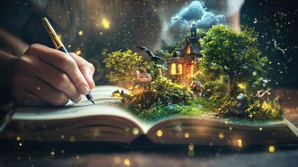 A person writing a book which is coming to life with different fantasy characters and environments.