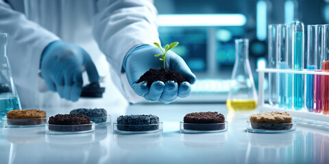 Scientist in white lab coat gently protecting a small green sprout growing from dark soil, on a white laboratory table, surrounded by colorful test tubes