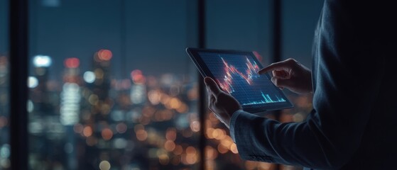 The professional analyzing financial data on a digital tablet in a city at night.