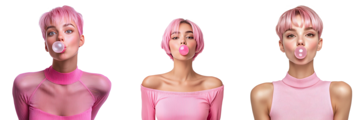 Set of cute girls with a bubble gum isolated on transparent background PNG
