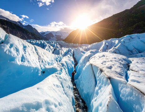 Glacier Valley With Crevasses And Snow