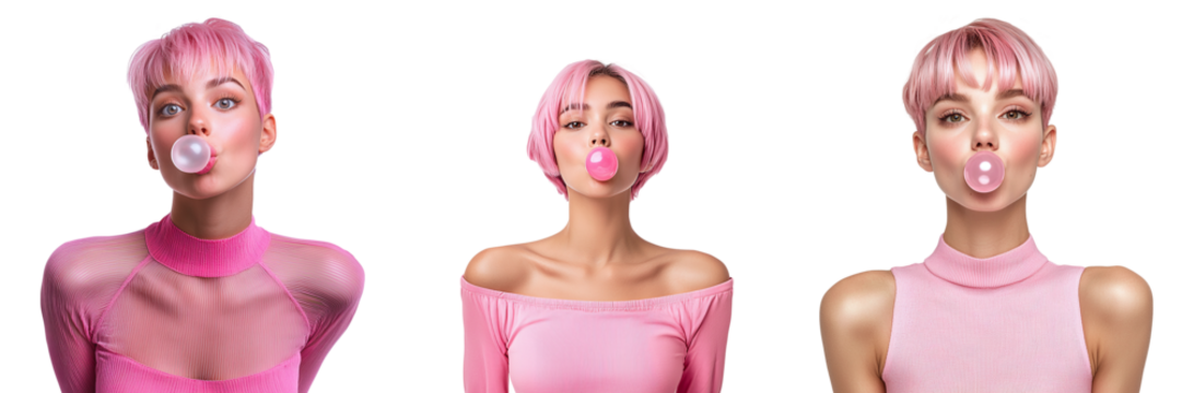 Set of cute girls with a bubble gum isolated on transparent background PNG