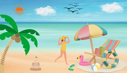 Beach Vacation with Woman Palm Beach Umbrella Chair Illustration Vector 300dpi. Trendy Sea Holiday Concept Logo Banner, Summertime, Seaside Concept, Relaxation, Island, Tourism, Season 