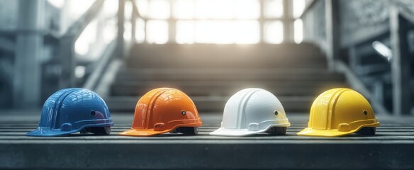 The colorful collection of safety helmets arranged on stairs.