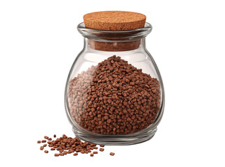 Brown granules in glass jar with cork lid, Isolated On White, Png, Transparent Background