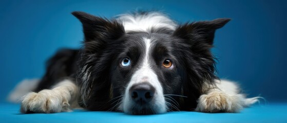 The adorable border collie with striking blue and brown eyes relaxing on a blue surface.