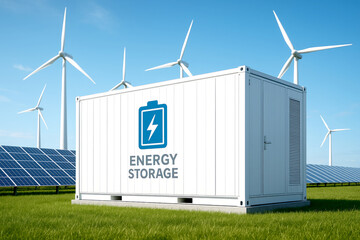 Renewable energy storage with wind turbines and solar panels. Sustainable power solutions, battery container and green energy. Industrial battery storage unit in a natural landscape