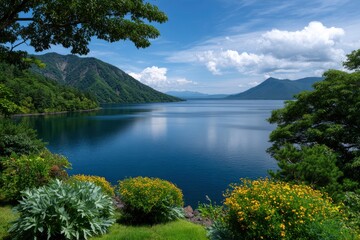 Serene lake scene with lush greenery and mountains under a blue sky with scattered clouds