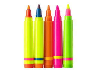 Five brightly colored markers on black background, Isolated On White, Png, Transparent Background